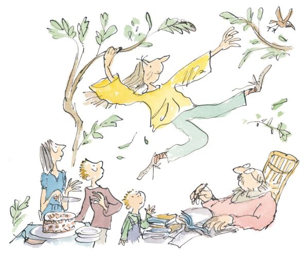 Screenshot Illustration by Quentin Blake showing a girl swinging courageously through the trees.