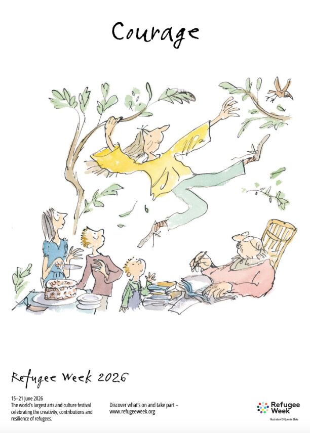 Illustration by Quentin Blake showing a girl swinging courageously through the trees